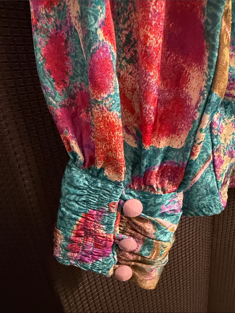 VTG Tess High-Neck Floral Blouse in Teal and Pink w/Ruching & button cuffs Sz 8 - Picture 3 of 7
